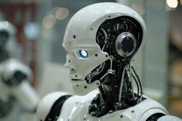 Fototapeta premium Futuristic Humanoid Robot Close-Up: Advanced AI and Robotics Technology