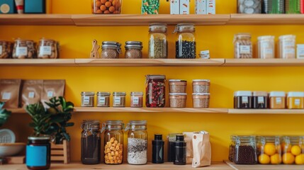 Colorful jars and containers on a wooden shelf