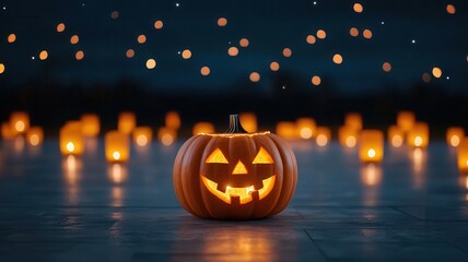 Fototapeta premium A lone jack o' lantern glowing under a Halloween night sky, surrounded by flickering lanterns and twinkling stars Halloween night, glowing lanterns, magical stars