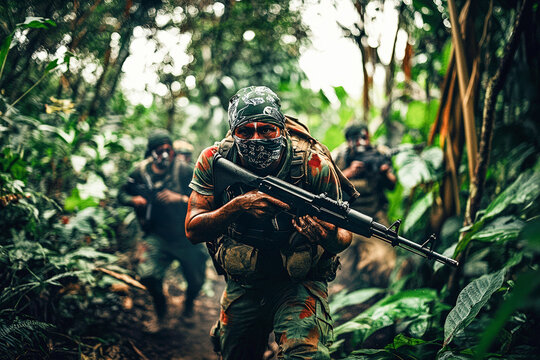 Guerrilla fighters moving through dense jungle with weapons.