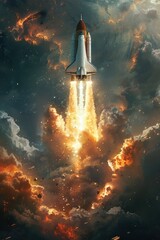 Fototapeta premium Powerful Rocket Launch Through Fiery Clouds and Explosions in Outer Space