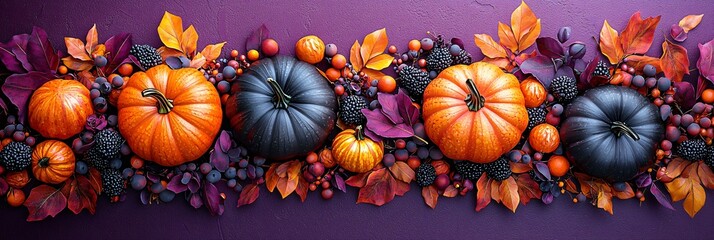 Fototapeta premium Vibrant arrangement of bright orange and glossy black pumpkins on a purple background, perfect for Halloween invitations or decorations, with copy space.