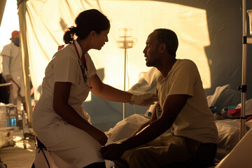 Nurse comforting patient in field hospital tent.