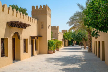 Obraz premium Heritage Village in Abu Dhabi features traditional architecture with sandy colored walls and palm trees lining pathway, creating serene and historical atmosphere