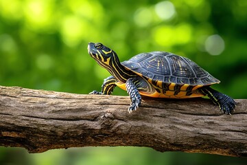 Obraz premium Turtle basking on a fallen tree branch, enjoying the warmth of the sun as it stretches its legs and rests