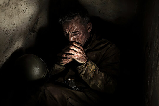 Traumatized Soldier Sitting Alone in a Dark Narrow Space.