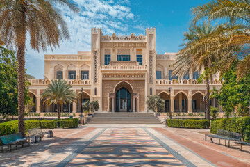 Obraz premium Sharjah Art Museum showcases local art in stunning architectural setting, surrounded by lush greenery and palm trees, inviting visitors to explore its cultural offerings
