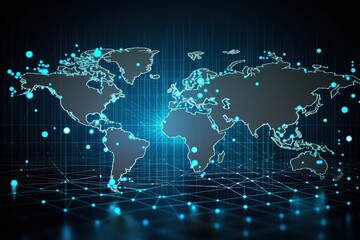 Fototapeta premium Global Network Connections, Digital World Map with Glowing Lines