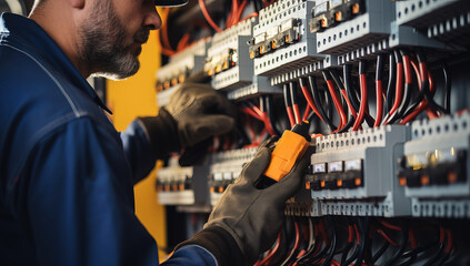 Electrician inspecting electrical panel with digital multimeter in industrial setting. Concept of safety, maintenance, and technology.