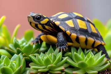 Turtle crawling through a garden of succulents, carefully avoiding the prickly plants as it explores