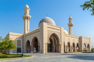 Sharjah Museum of Islamic Civilization showcases stunning architecture with intricate designs and beautiful domes, surrounded by lush greenery and clear blue sky