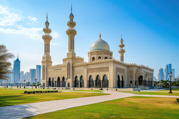 Fototapeta premium Sharjah Museum of Islamic Civilization showcases stunning architecture with intricate details, surrounded by lush greenery and clear blue sky, reflecting beauty of Islamic culture