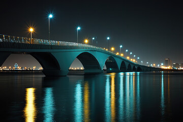 Fototapeta premium Sheikh Zayed Bridge illuminated at night showcases stunning architecture and vibrant reflections on water, creating serene and captivating atmosphere