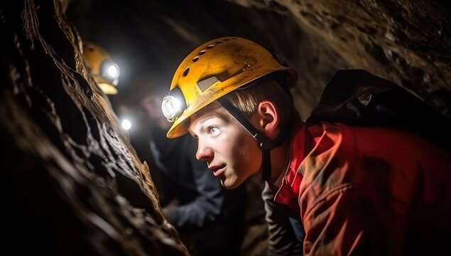 Young man exploring a cave with a headlamp.