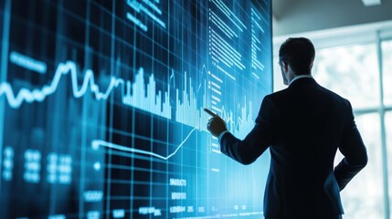 Businessman standing beside a large recovery chart, pointing