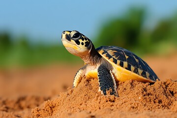 Obraz premium Turtle digging a nest in the soft sand, preparing for the next generation as it follows its natural instincts