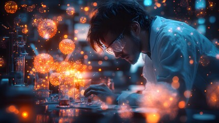 Detailed lab setup with a scientist working on a biological experiment, with imaginative, surreal elements like glowing, floating cells and abstract life forms. 3D realistic rendering captures the