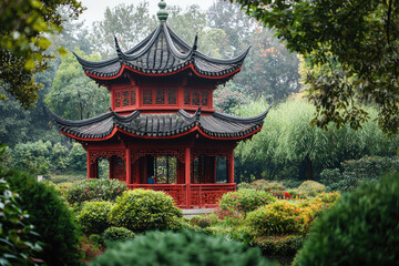 Obraz premium Traditional Chinese pagoda surrounded by lush gardens, showcasing intricate architecture and vibrant greenery. serene and peaceful atmosphere invites contemplation and appreciation of nature