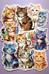 Colorful cat cartoon stickers on a purple background.