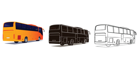 Set of Bus behind, back view, line art and silhouette