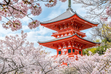 A stunning traditional Japanese pagoda stands majestically amidst blooming cherry blossoms, creating serene and picturesque scene that captures essence of spring