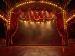 a grand theater stage bathed in warm light luxurious red velvet curtains parting to reveal a mysterious glowing performance space
