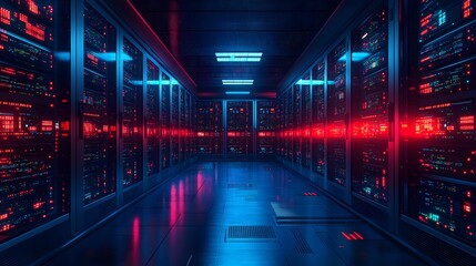 High-tech server room filled with advanced servers and data management equipment, illustrating a professional setting for data analysis. 3D realistic illustration focuses on the organized and