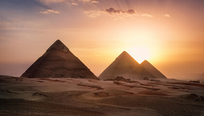 Egyptian pyramids at dusk, mystical glow on ancient stone structures. Historical monument.