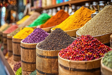 Colorful spices in traditional souk, showcasing vibrant hues and textures, create lively atmosphere in Dubai. rich variety of spices invites exploration and culinary inspiration