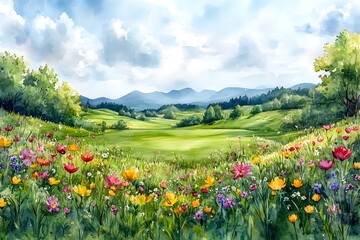 Fototapeta premium Lush Green Meadow with Blooming Flowers and Scenic Mountain Vista in Spring