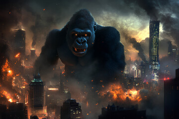 Fototapeta premium A giant gorilla looms over a burning cityscape, creating a dramatic and chaotic scene.
