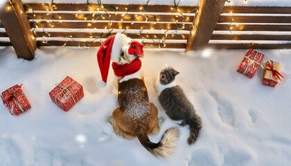 Obraz premium Dog and Cat Playing in the Snow with Christmas Lights.