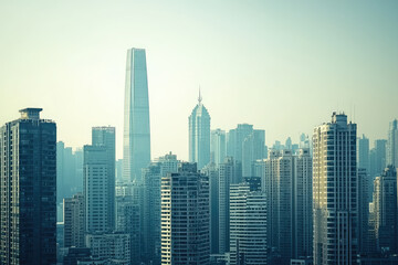 Urban skyline with prominent landmark showcasing high rise buildings and modern architectural design. scene captures essence of bustling city life