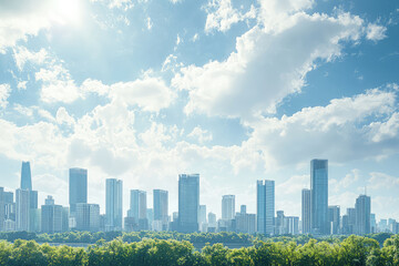Fototapeta premium A stunning urban skyline featuring prominent landmark under bright blue sky with fluffy clouds. scene captures essence of modern architecture and vibrant city life