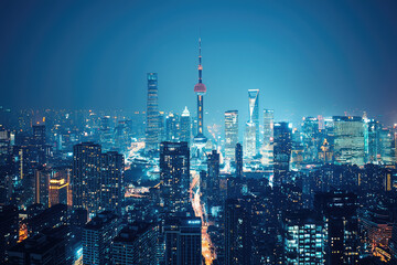 Fototapeta premium A stunning urban skyline at night featuring prominent tower, illuminated buildings, and vibrant city lights. scene captures essence of bustling metropolis