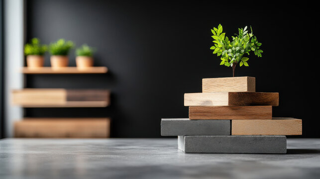 A small green plant growing on top of stacked wooden blocks, symbolizing sustainable building materials in a modern workspace setting.