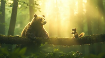 Bear sitting on a tree branch talking with a squirrel in a glowing sunlit forest symbolizing unlikely friendship and peaceful coexistence