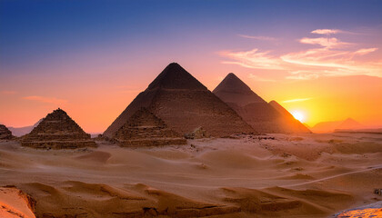 Egyptian pyramids at dusk, mystical glow on ancient stone structures. Historical monument.