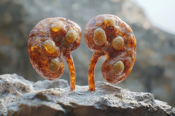 Obraz premium Kidney stones and blockages are depicted in this artistic representation of urinary system, showcasing kidneys with visible stones. image evokes sense of awareness about urinary health