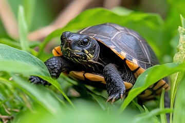 Fototapeta premium Turtle moving through the grasslands, blending in with the foliage as it slowly navigates its way home