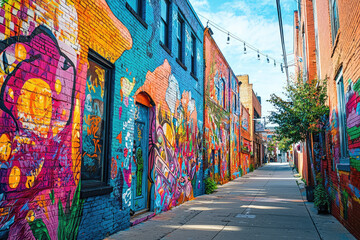 Fototapeta premium Vibrant city street featuring colorful murals and art installations, showcasing lively urban atmosphere filled with creativity and expression