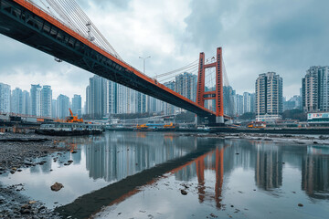 Naklejka premium A stunning waterfront cityscape featuring modern bridge reflecting in water, surrounded by towering skyscrapers. scene captures essence of urban life and architectural beauty