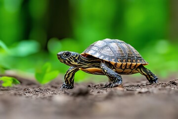 Fototapeta premium Turtle slowly exploring a forest, making its way through the underbrush with determination, leaving tiny tracks behind