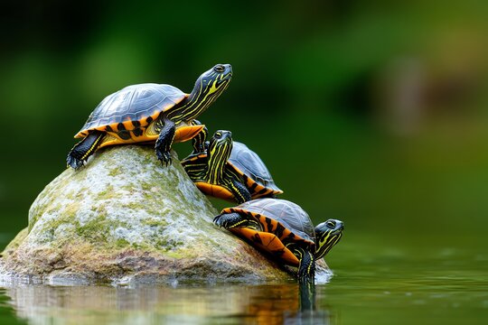 Turtle sharing space with other turtles on a rock, balancing for space as they jostle for the best sunbathing spot