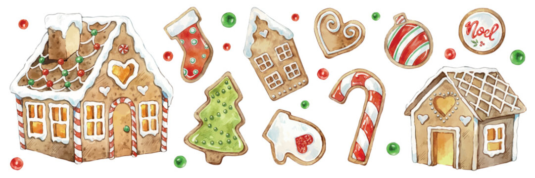 Set of Christmas decorations. Collection of different Gingerbread Cookies. Watercolor illustration of hand painted Christmas cookies: man, tree, stars, heart, noel, house, snowflake, candy.