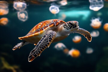 Turtle swimming among jellyfish, gliding peacefully through the water in a slow and graceful dance
