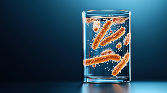 Close-up of a glass of water with orange bacteria contaminating it, representing water contamination. Realistic texture of bacteria illustrates unsafe drinking water.