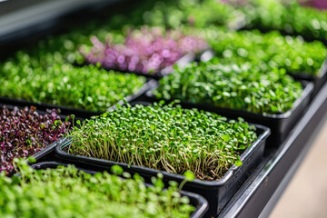 Indoor farm with variety of microgreens, showcasing vibrant green and purple plants in trays. lush growth creates refreshing and healthy atmosphere