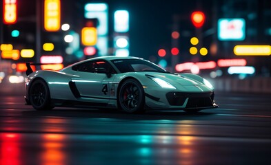 High-performance sports car racing through a neon-lit city at night..