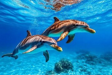 Obraz premium Turtle swimming with dolphins, a gentle companion in the vast ocean as they share the same watery world